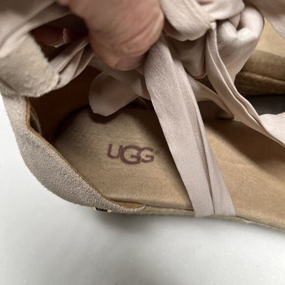 UGG Australia Trina Suede Espadrille Sandals Womens 6 Wedge Ribbon Tie Nude - Picture 9 of 13
